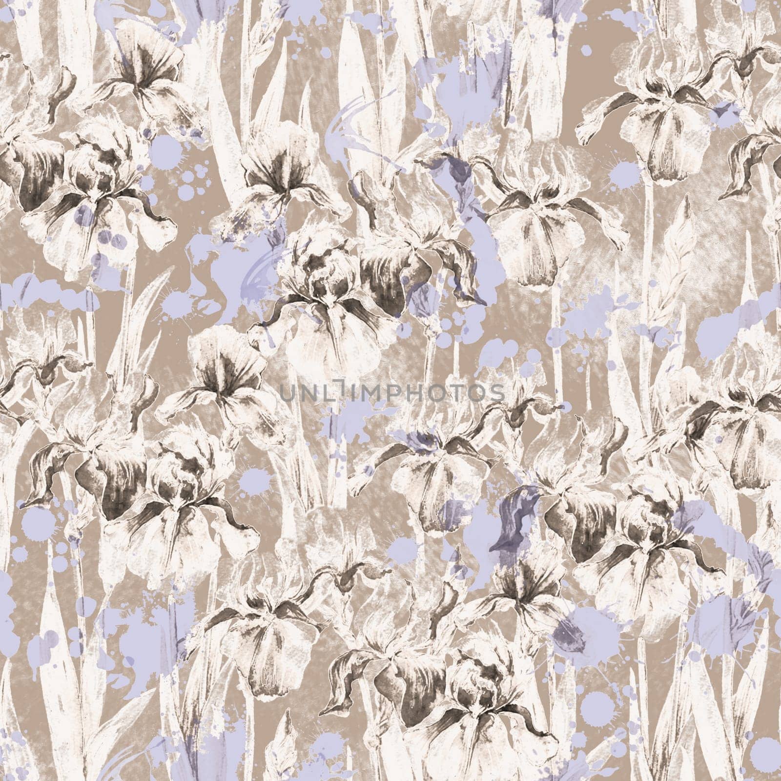 Summer meadow iris flowers watercolor monochrome seamless pattern on beige background by fireFLYart