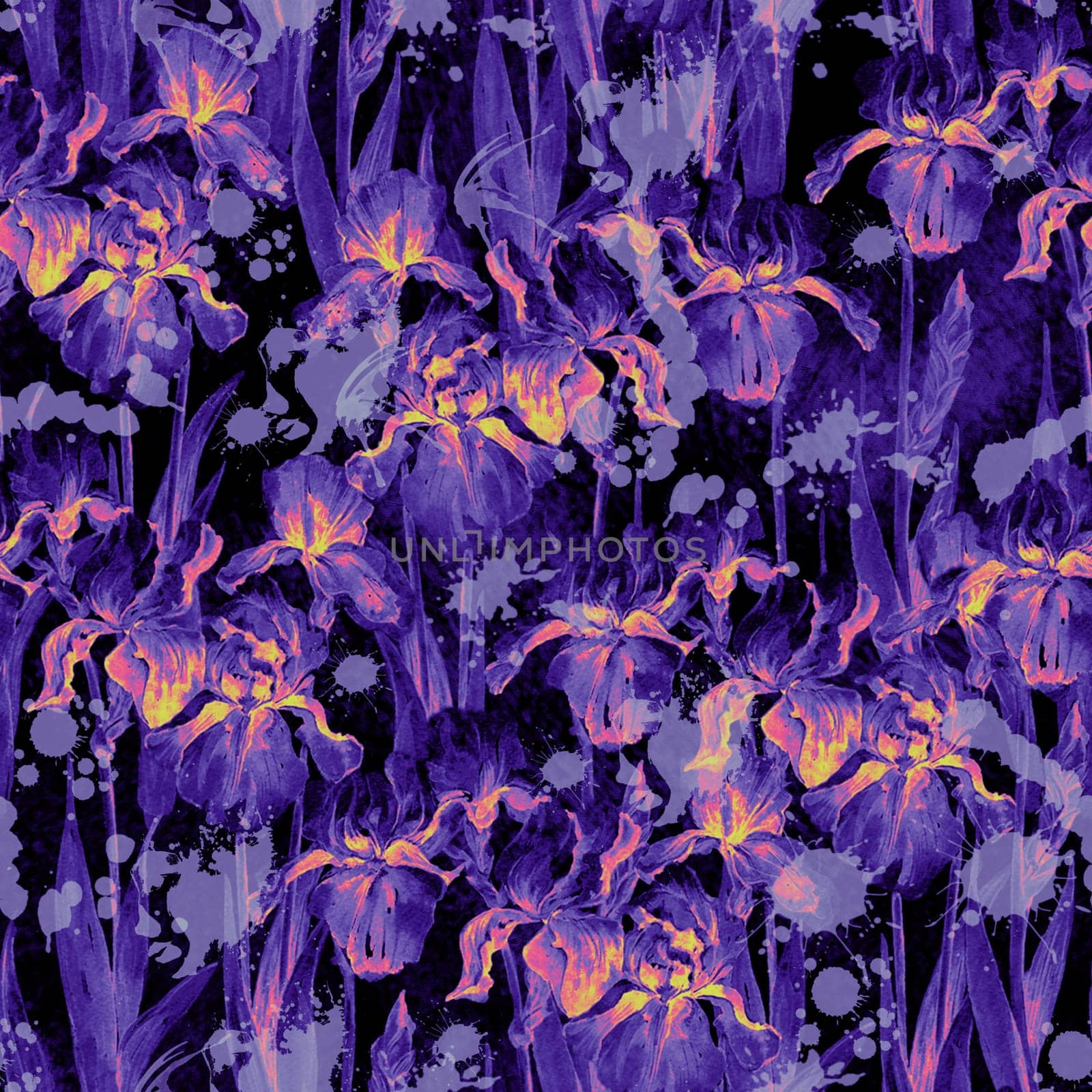 Summer meadow iris flowers watercolor monochrome seamless pattern on dark background by fireFLYart