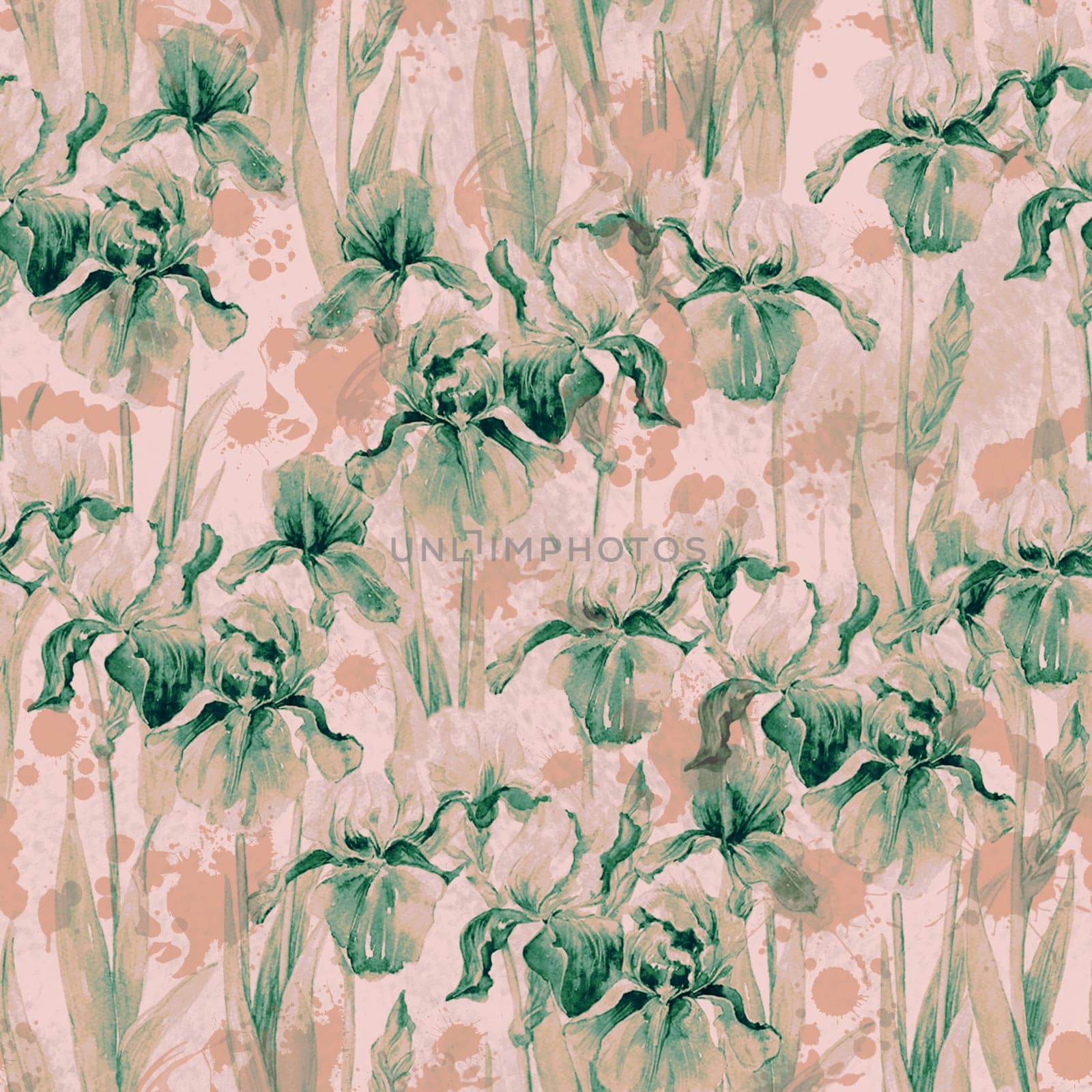 Summer meadow iris flowers watercolor monochrome seamless pattern on pink background by fireFLYart