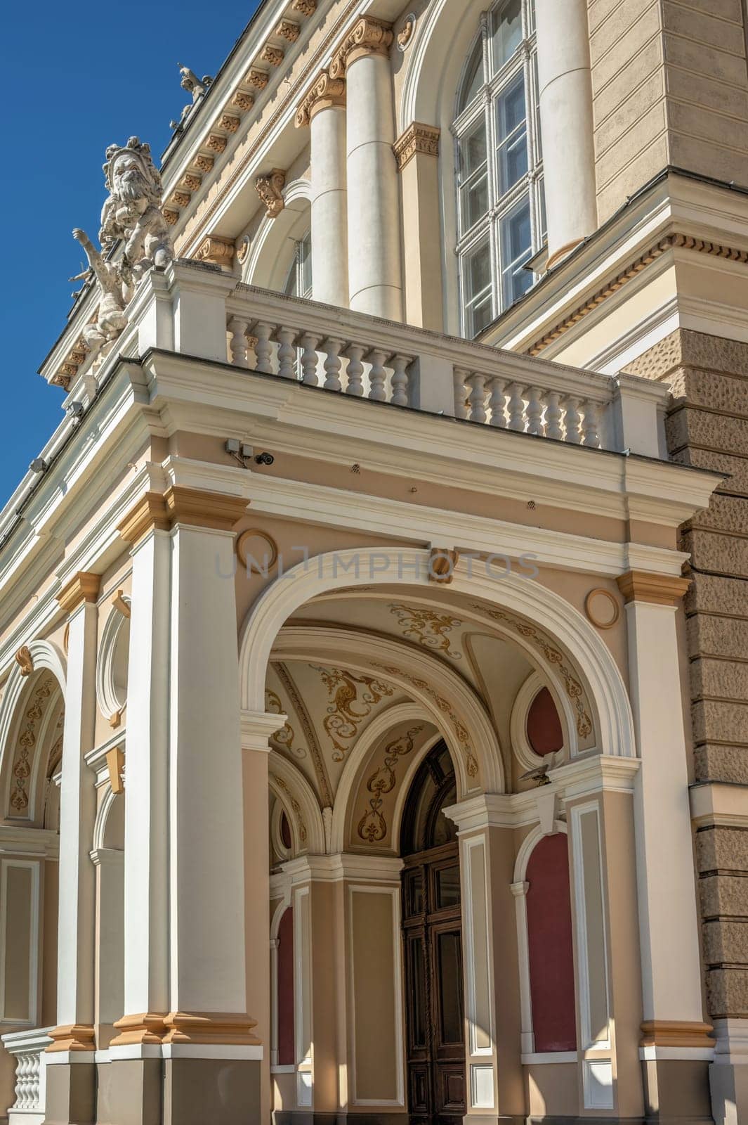 Odessa, Ukraine 02.05.2023. Facade of the Opera and Ballet Theater in Odessa, Ukraine, on a sunny spring day