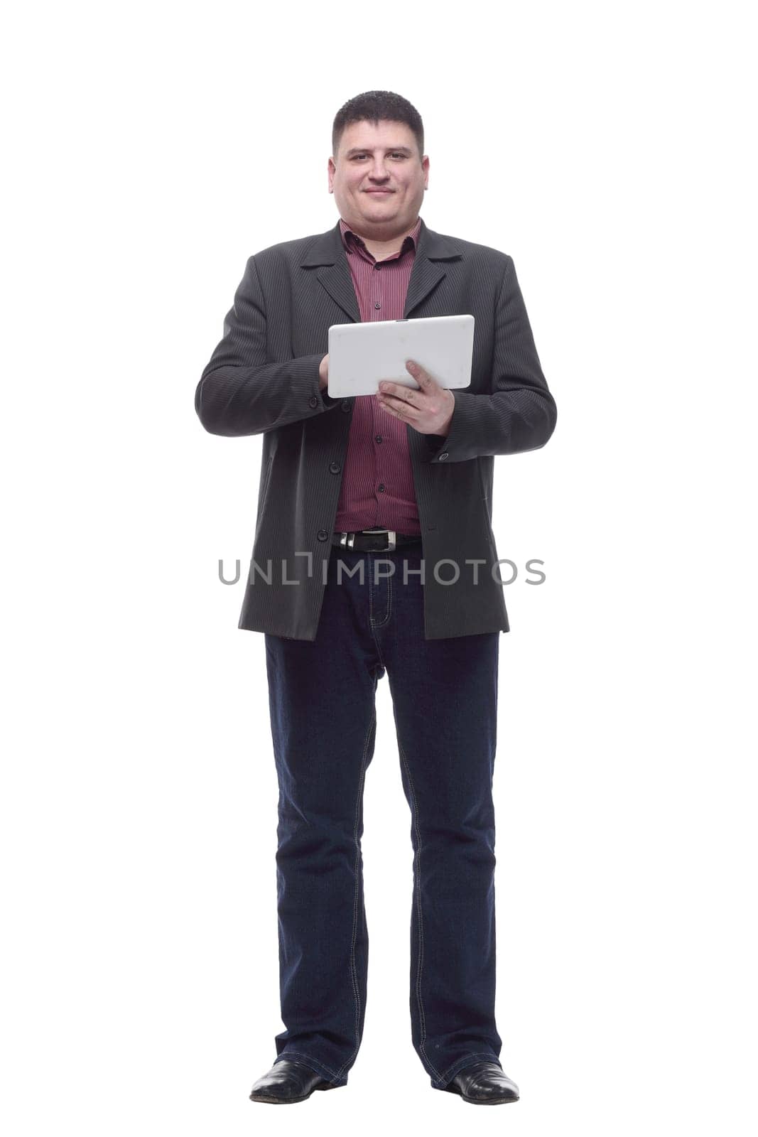 Mature business man with a digital tablet. isolated on a white background.