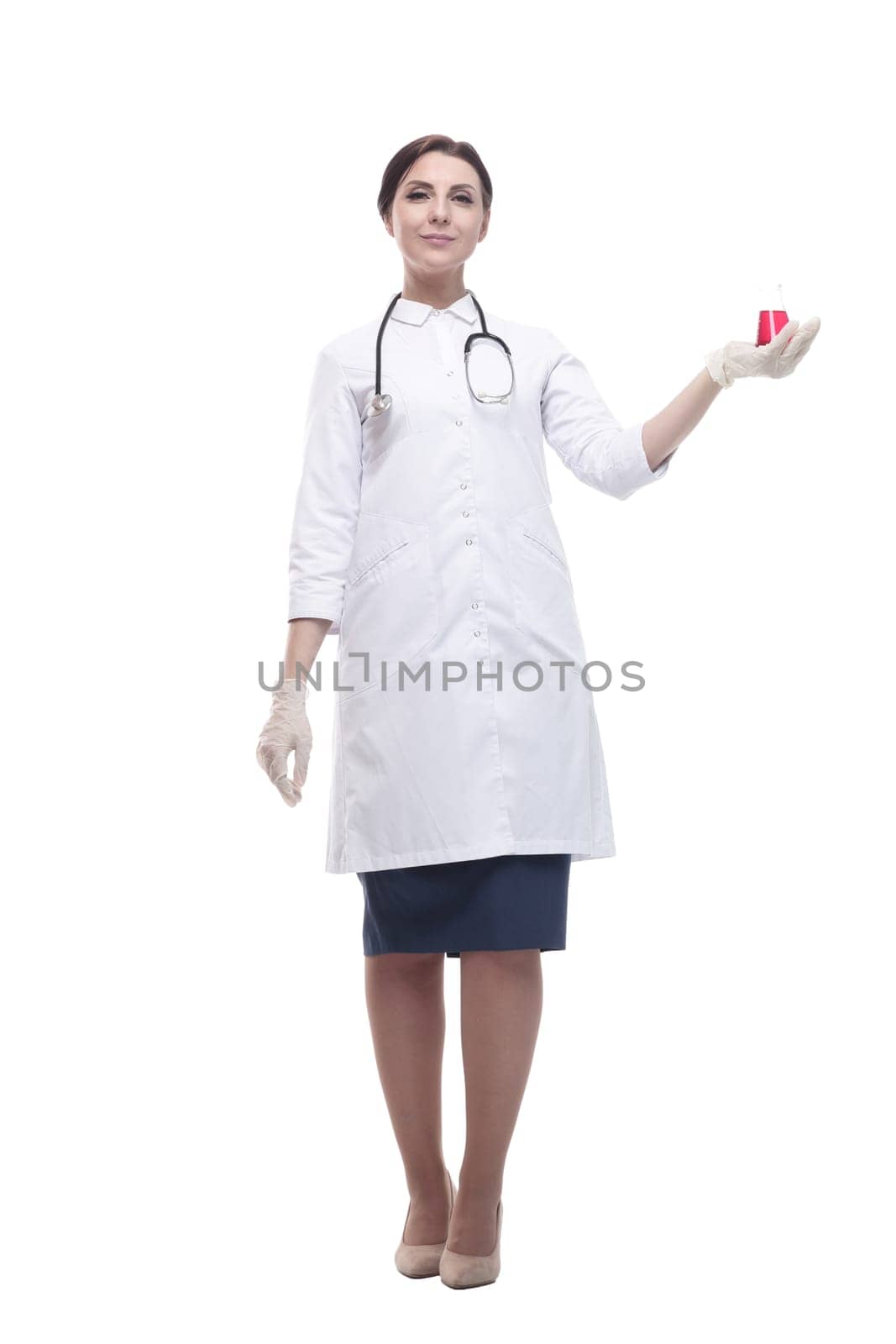 female doctor with a laboratory flask in her hands. isolated on a white background.