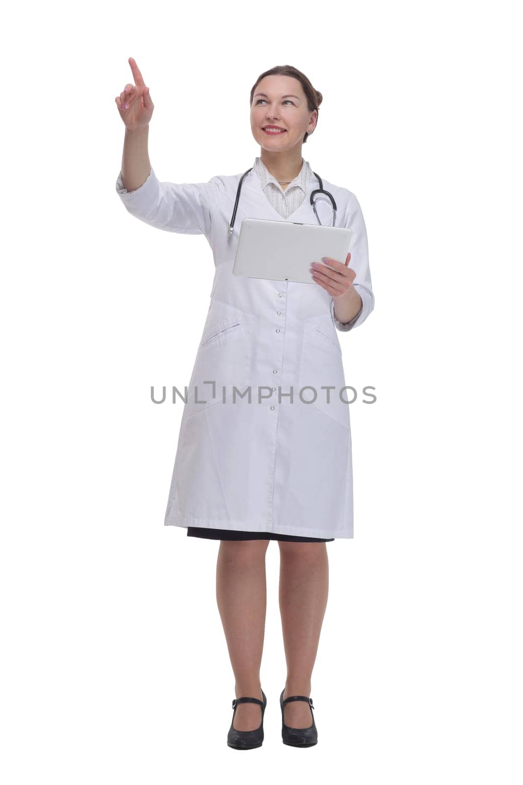 in full growth.female doctor with a digital tablet. isolated on a white background.