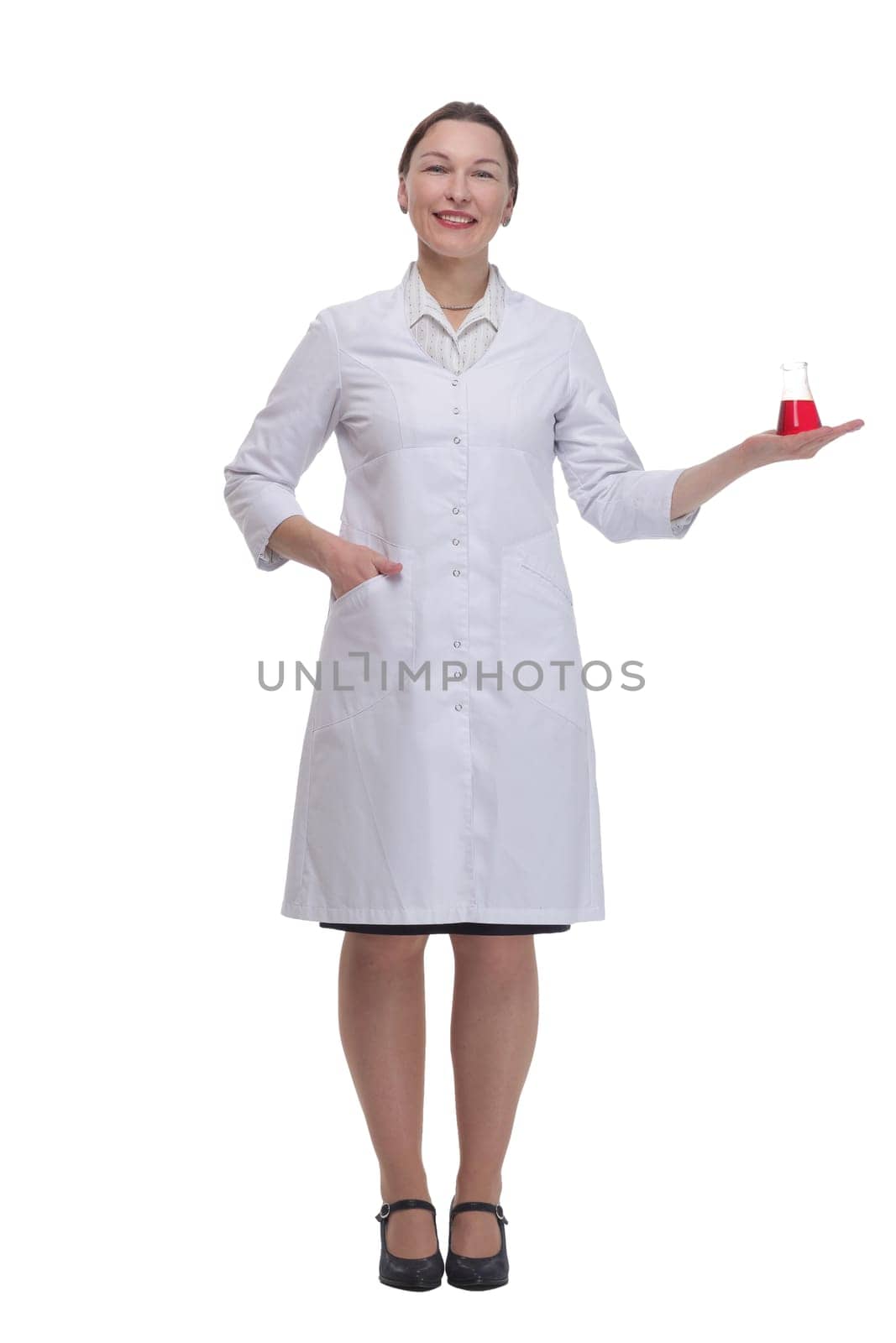 in full growth. medical woman with a laboratory flask. isolated on a white background.