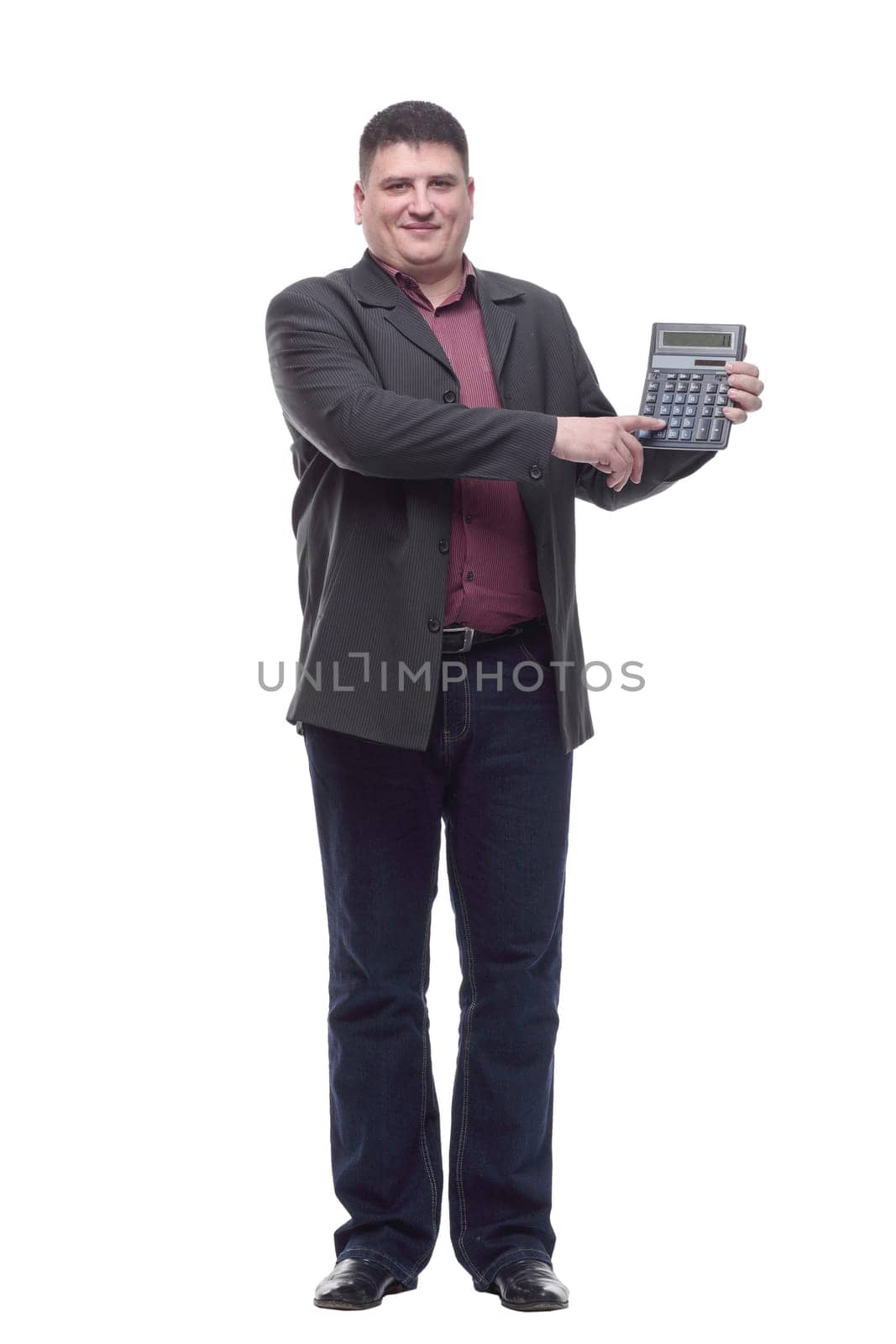 Mature business man with a calculator. isolated on a white background.