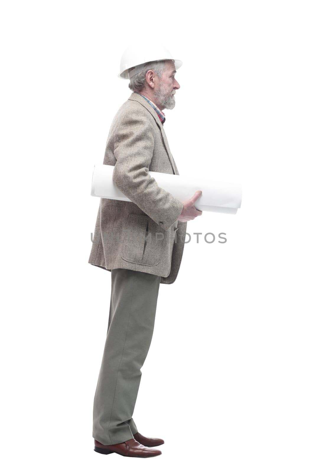 in full growth. male architect with drawings. isolated on a white background.