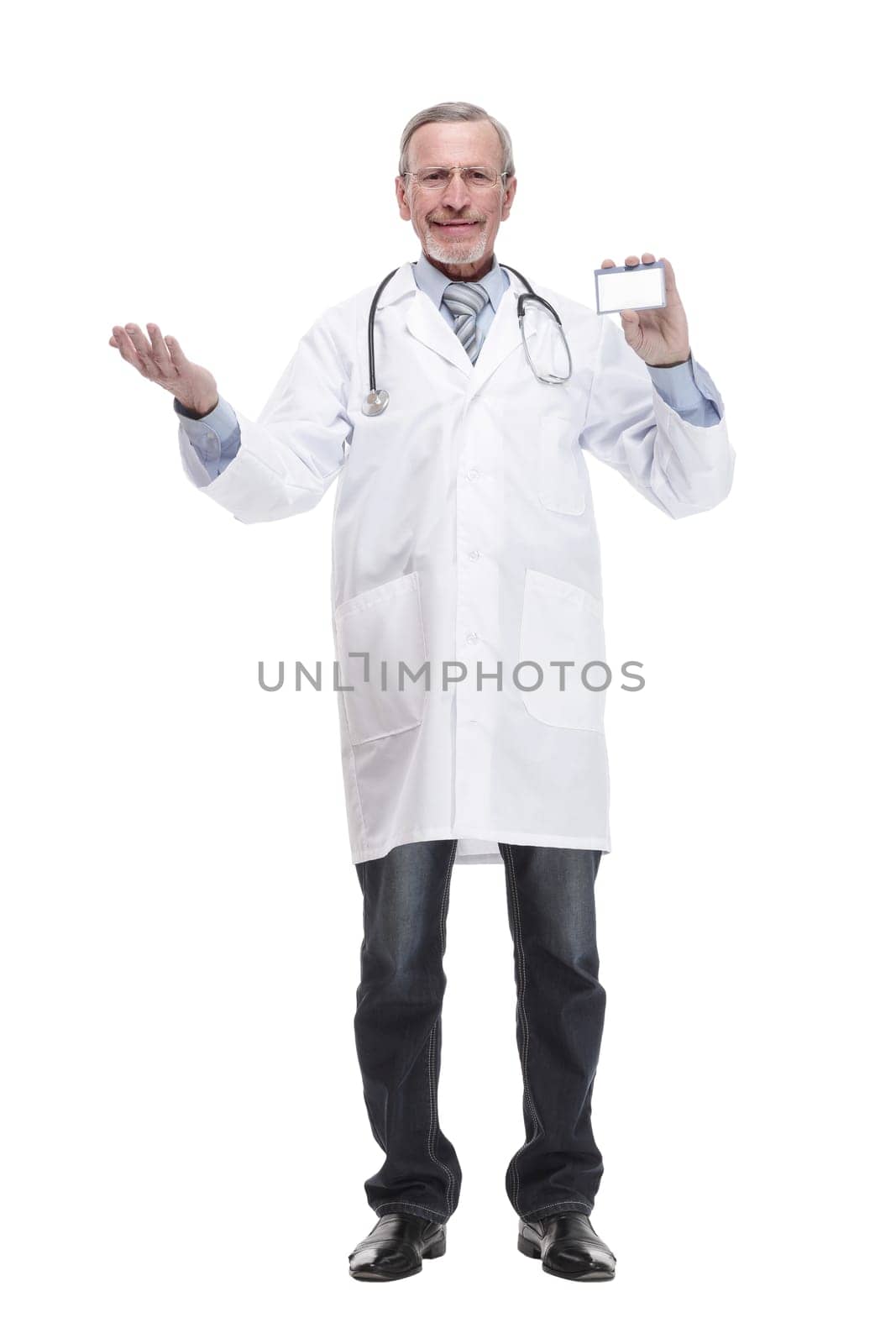Senior doctor showing business card and thumbs up isolated on white background