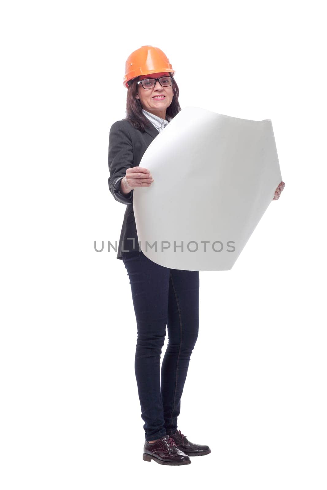 Woman holding engineering blueprint isolated on white. Building, architecture and construction business concept
