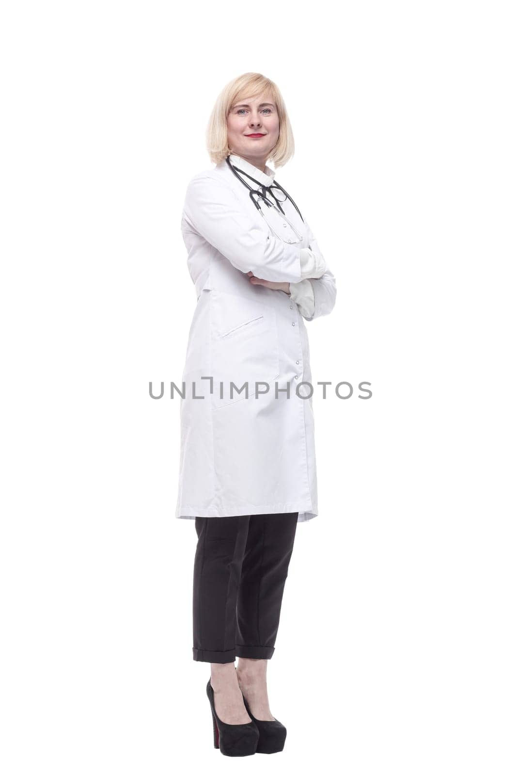 in full growth.qualified female doctor . isolated on a white background.