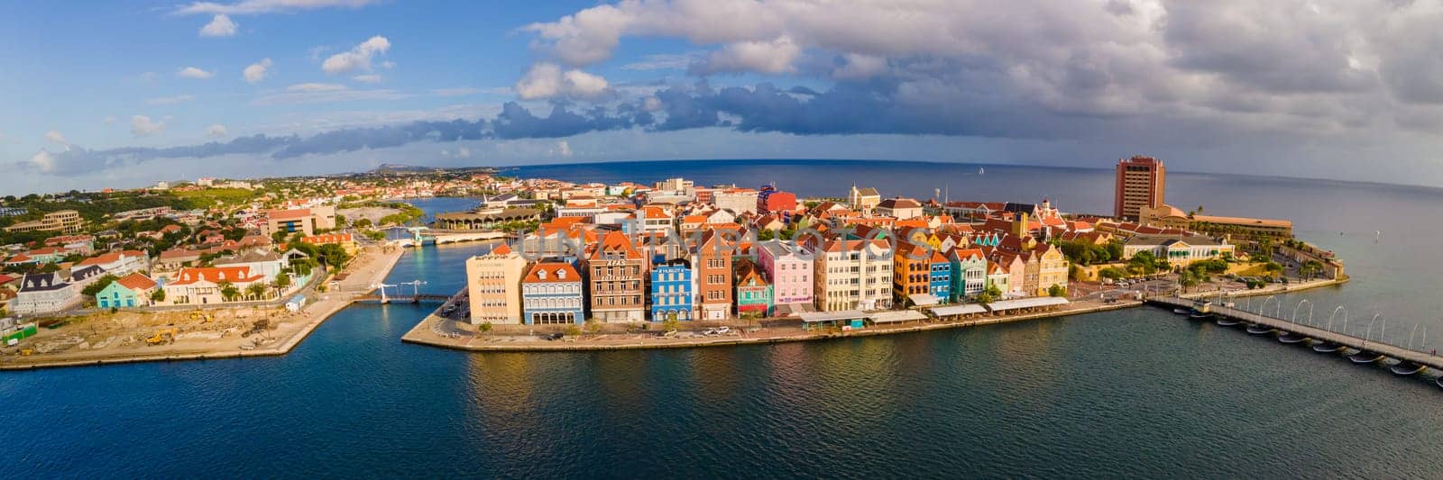Willemstad Curacao March 2021, colorful buildings around Willemstad Punda and Otrobanda, multicolored homes Curacao Caribean Island seen from a drone