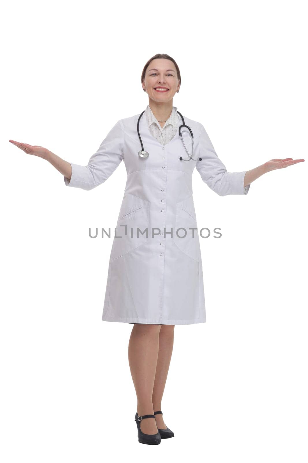 full-length. female doctor with a stethoscope . isolated on a white background.