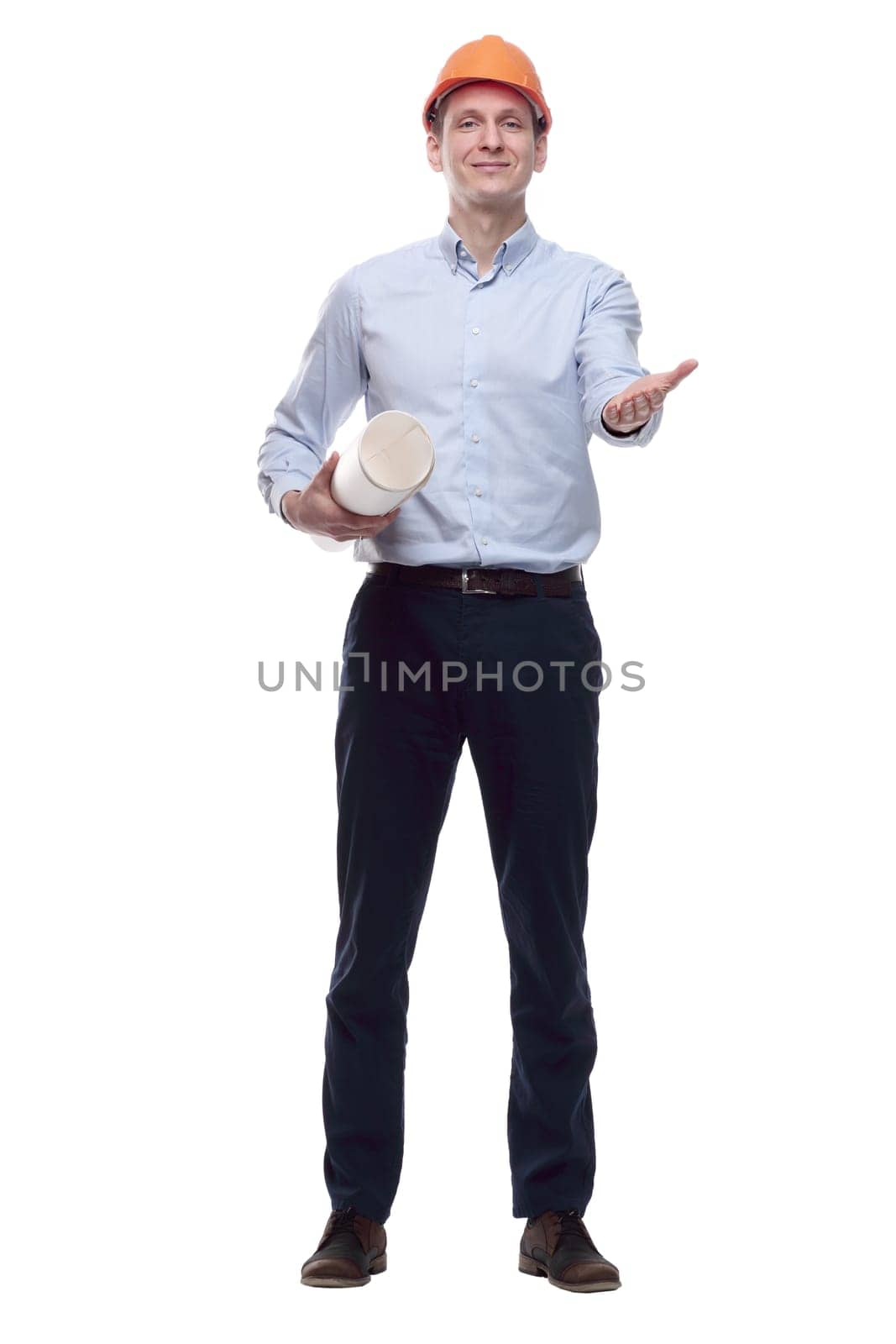 in full growth. friendly architect with ready-made drawings. isolated on a white background