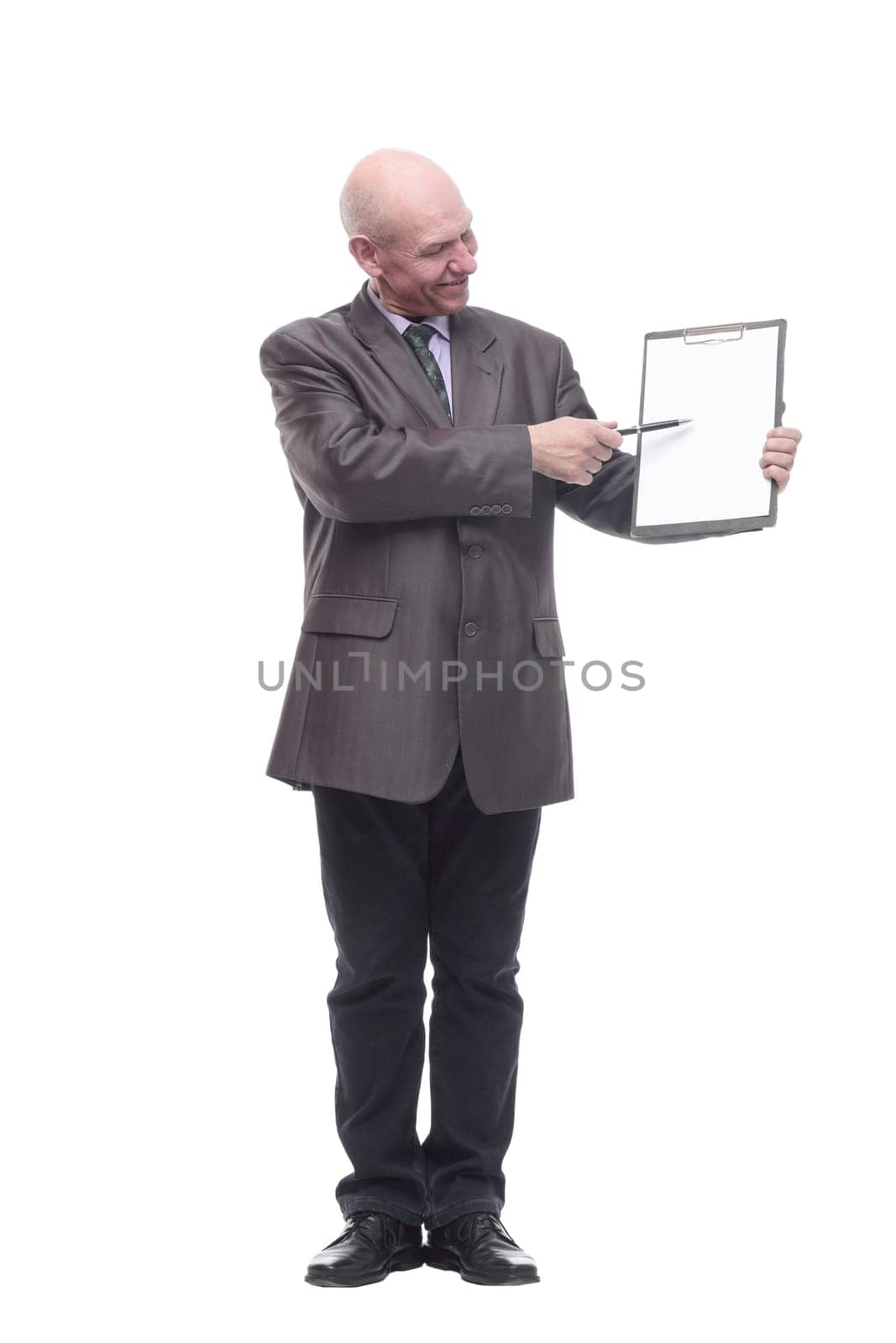 in full growth.Executive business man with clipboard. isolated on a white background.