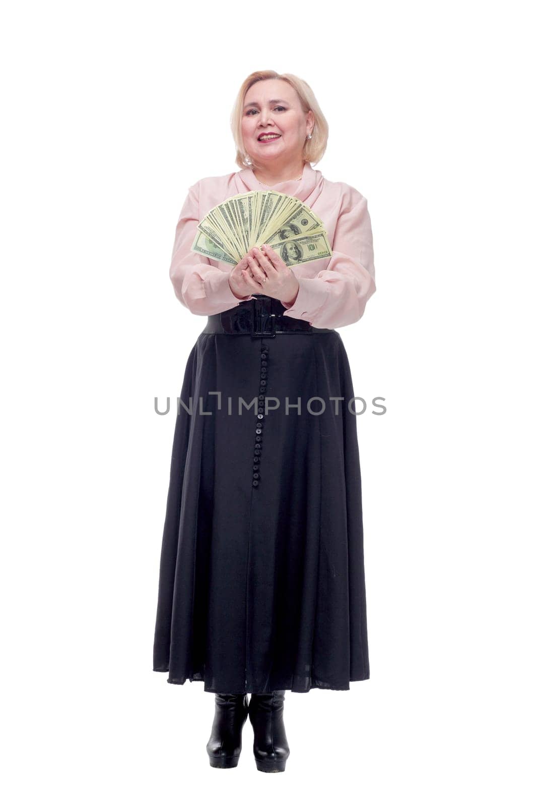 Young happy blinde woman with dollars in hand. Isolated on white background.
