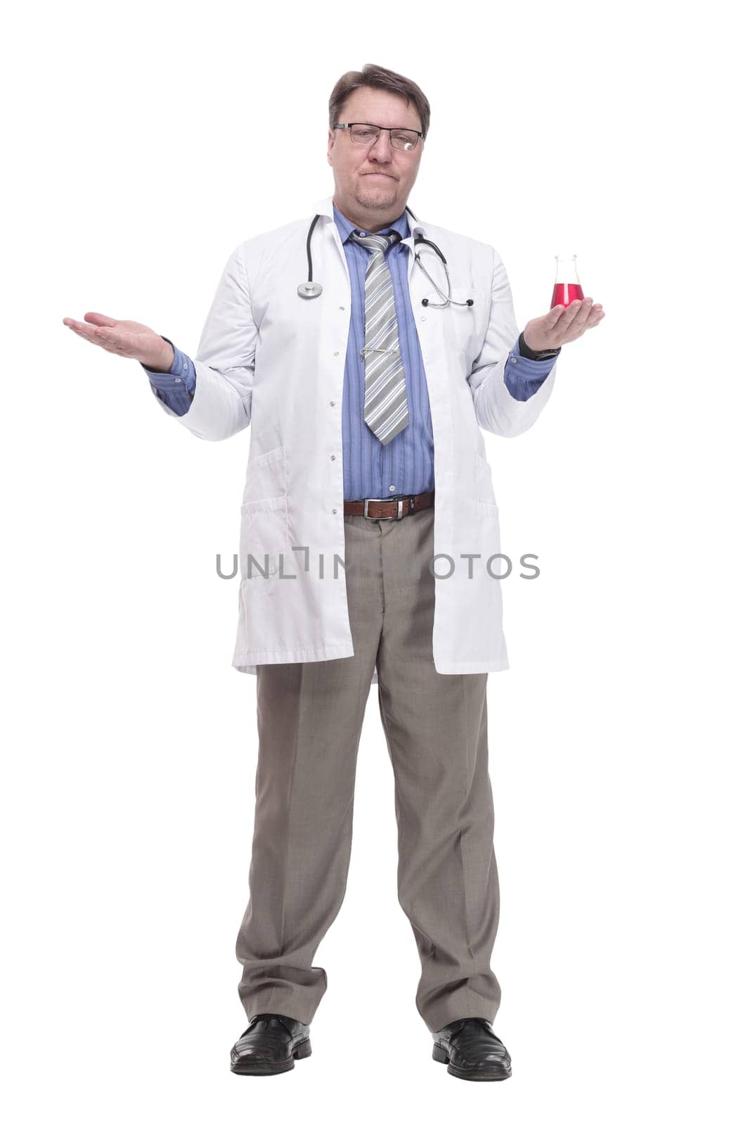in full growth. General practitioner with a laboratory flask.isolated on a white background.