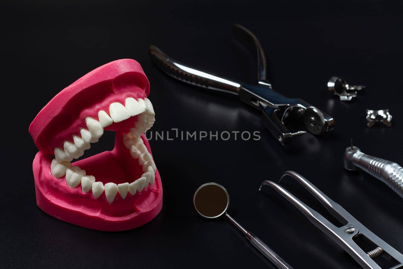 Layout of a human jaw with the clamps, the rubber dam forcep and the dental hole punch by mvg6894