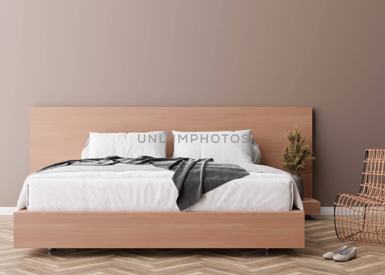 Empty wall in modern bedroom. Mock up interior in scandinavian, boho style. Empty, copy space for your picture, poster, artwork. Bed, rattan armchair. 3D rendering
