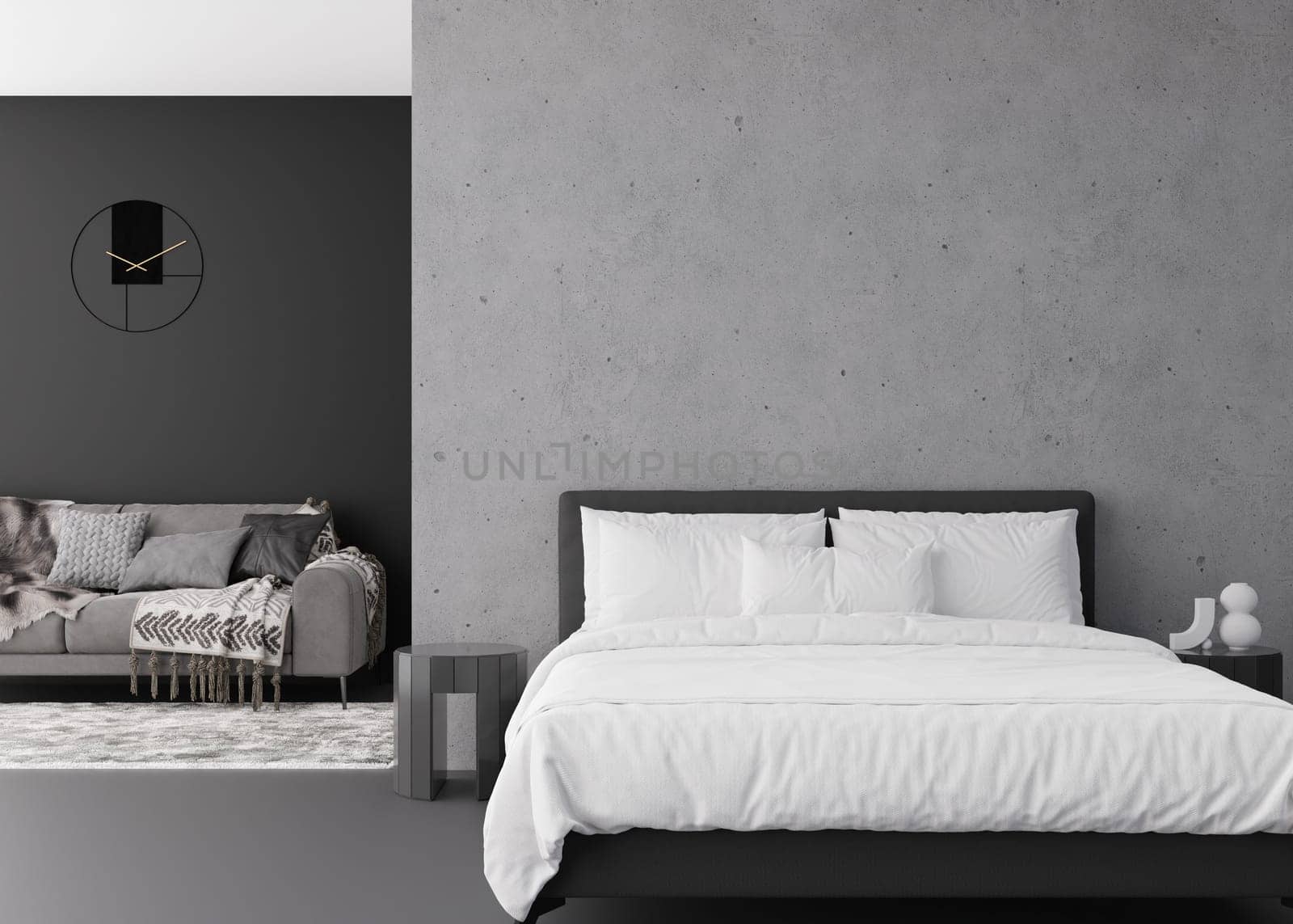 Interior mock up, loft style. Empty wall in modern bedroom. Copy space for your artwork, picture, poster. Contemporary style interior design. Apartment or hotel room with bed. 3D render