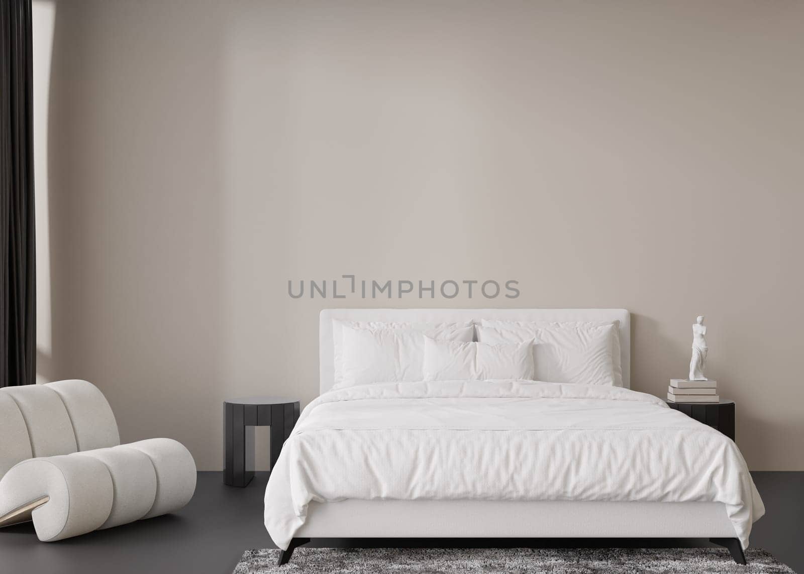 Interior mock up, loft style. Empty wall in modern bedroom. Copy space for your artwork, picture, poster. Contemporary style interior design. Apartment or hotel room with bed. 3D render