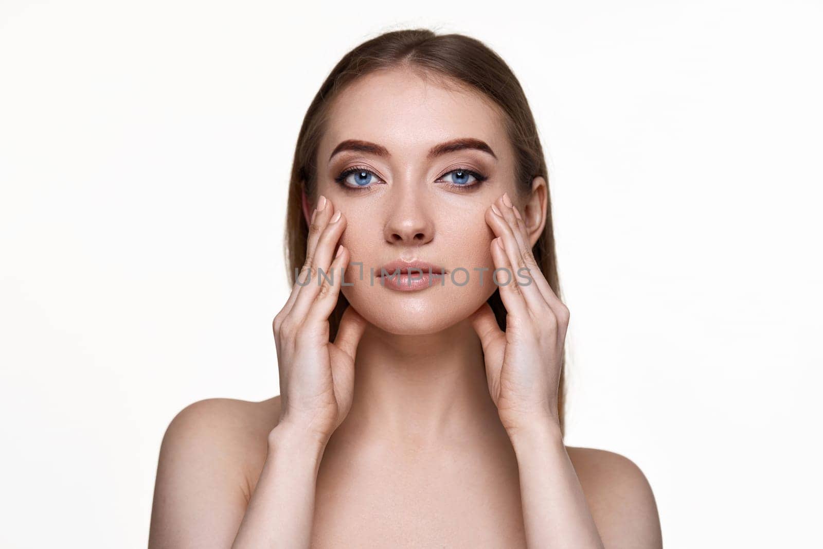 Beautiful woman touching face and enjoy perfect clean skin isolated on white background