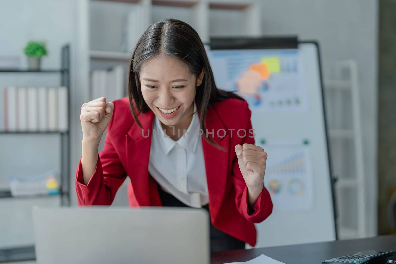 Business, finance and employment, female successful entrepreneurs concept. Confident smiling asian businesswoman, using laptop at work
