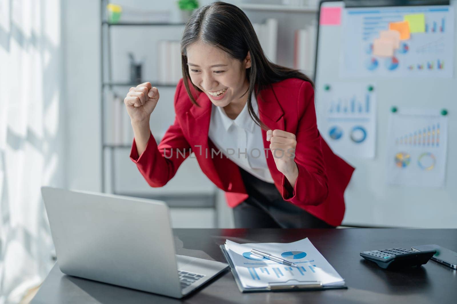 Business, finance and employment, female successful entrepreneurs concept. Confident smiling asian businesswoman, using laptop at work. by Manastrong