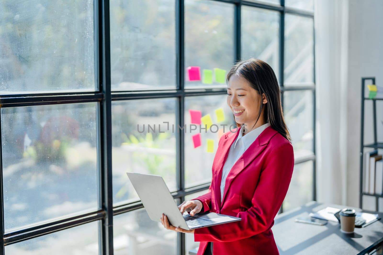 Business, finance and employment, female successful entrepreneurs concept. Confident smiling asian businesswoman, using laptop at work. by Manastrong
