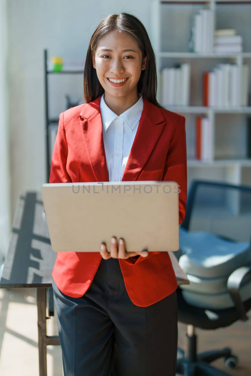 Business, finance and employment, female successful entrepreneurs concept. Confident smiling asian businesswoman, using laptop at work. by Manastrong