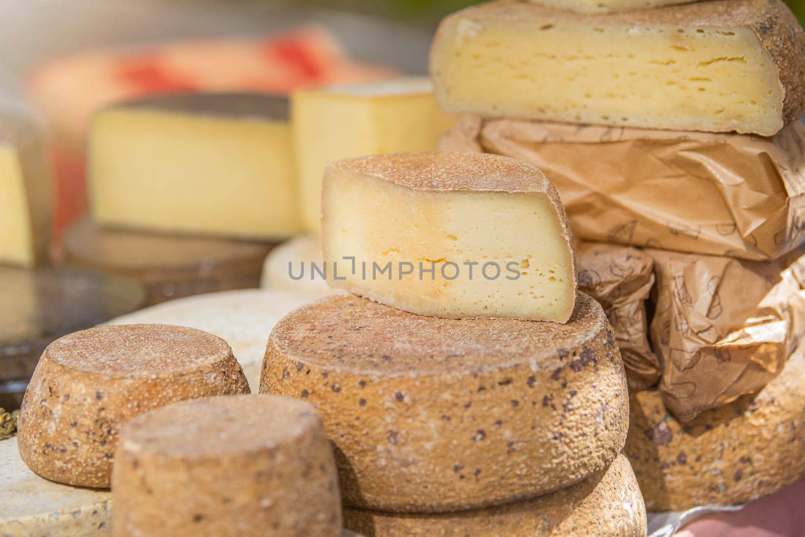 Hard cheeses. A large piece of cheese in a cheese factory, on a shelf. Production and sale of cheese. Small business concept. High quality photo