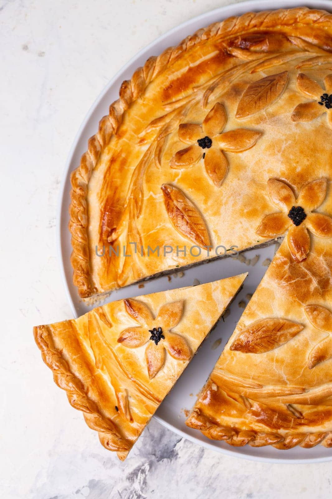 top view of homemade chicken pie. homemade food on the table by Pukhovskiy