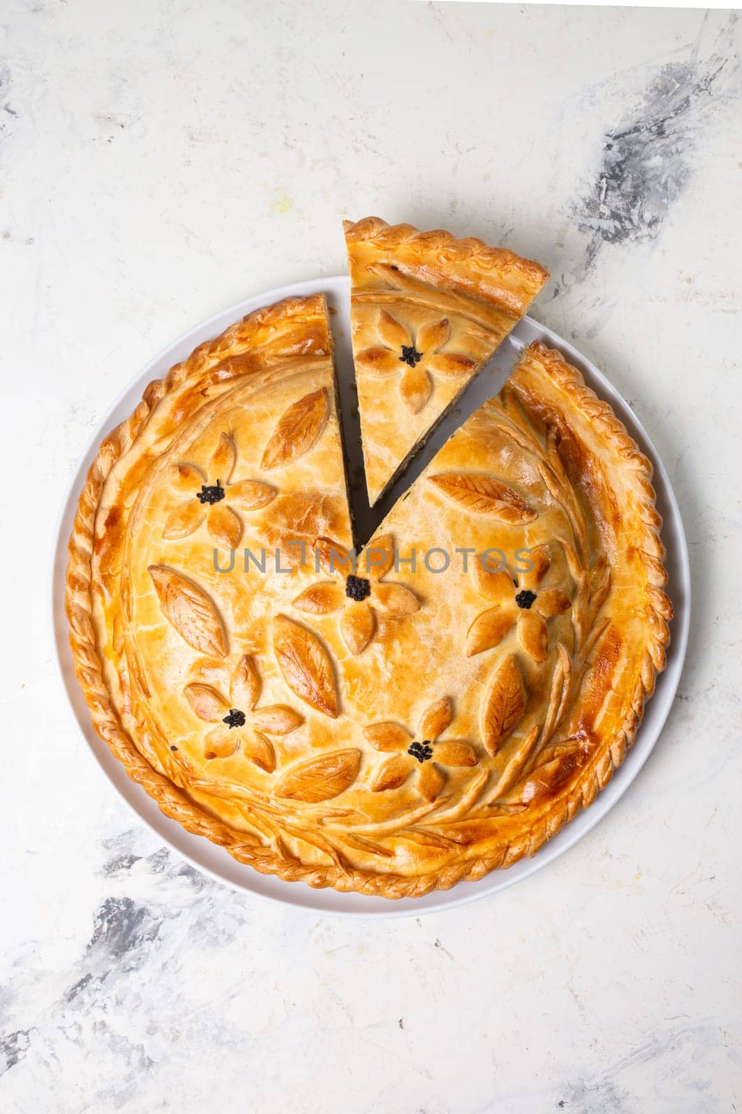 top view of homemade chicken pie. homemade food on the table.