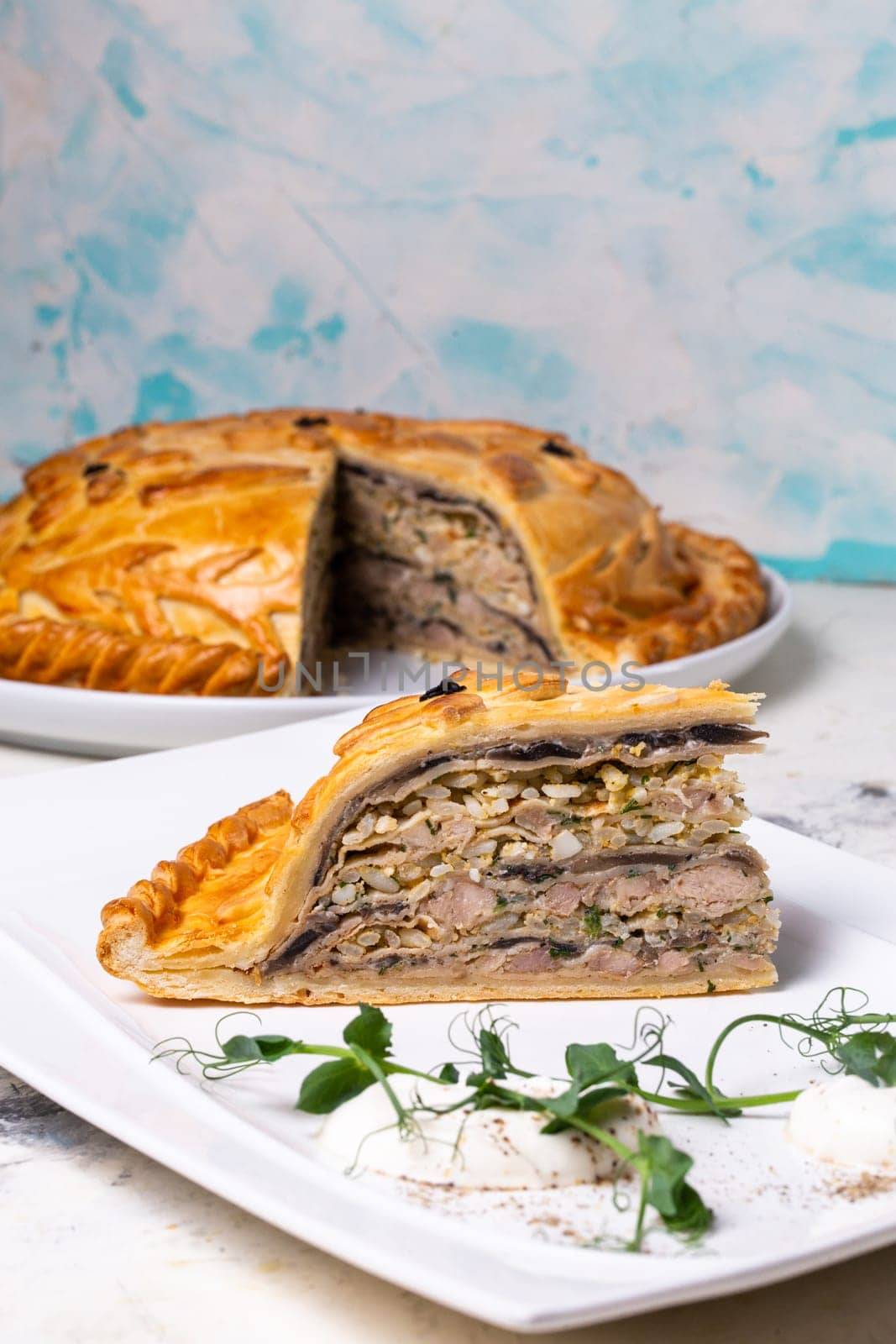 delicious homemade pie with minced meat and potatoes on a white plate.