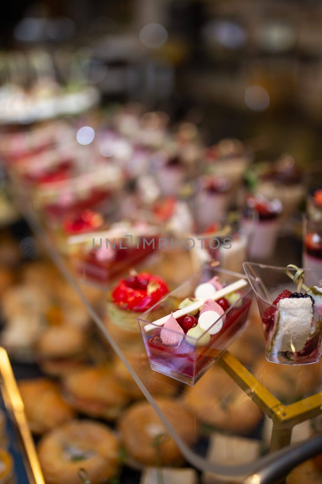 dessert in a plastic basket on the buffet table.