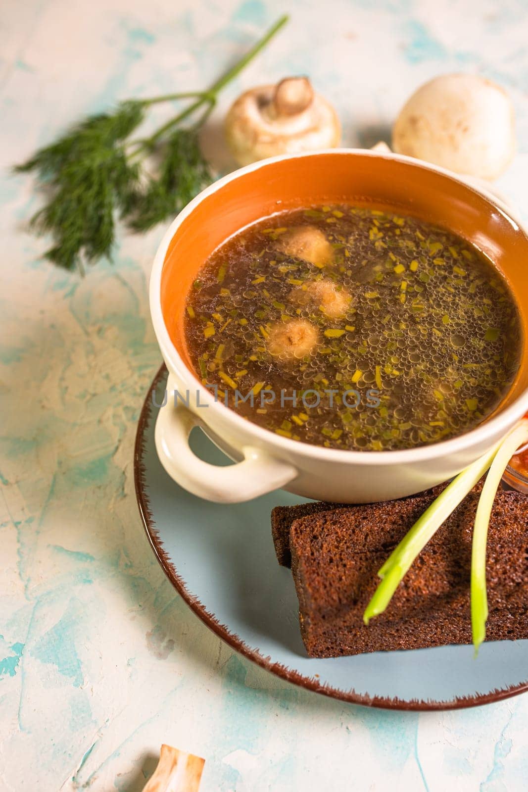 mushroom soup with toast in a cafe on the table by Pukhovskiy