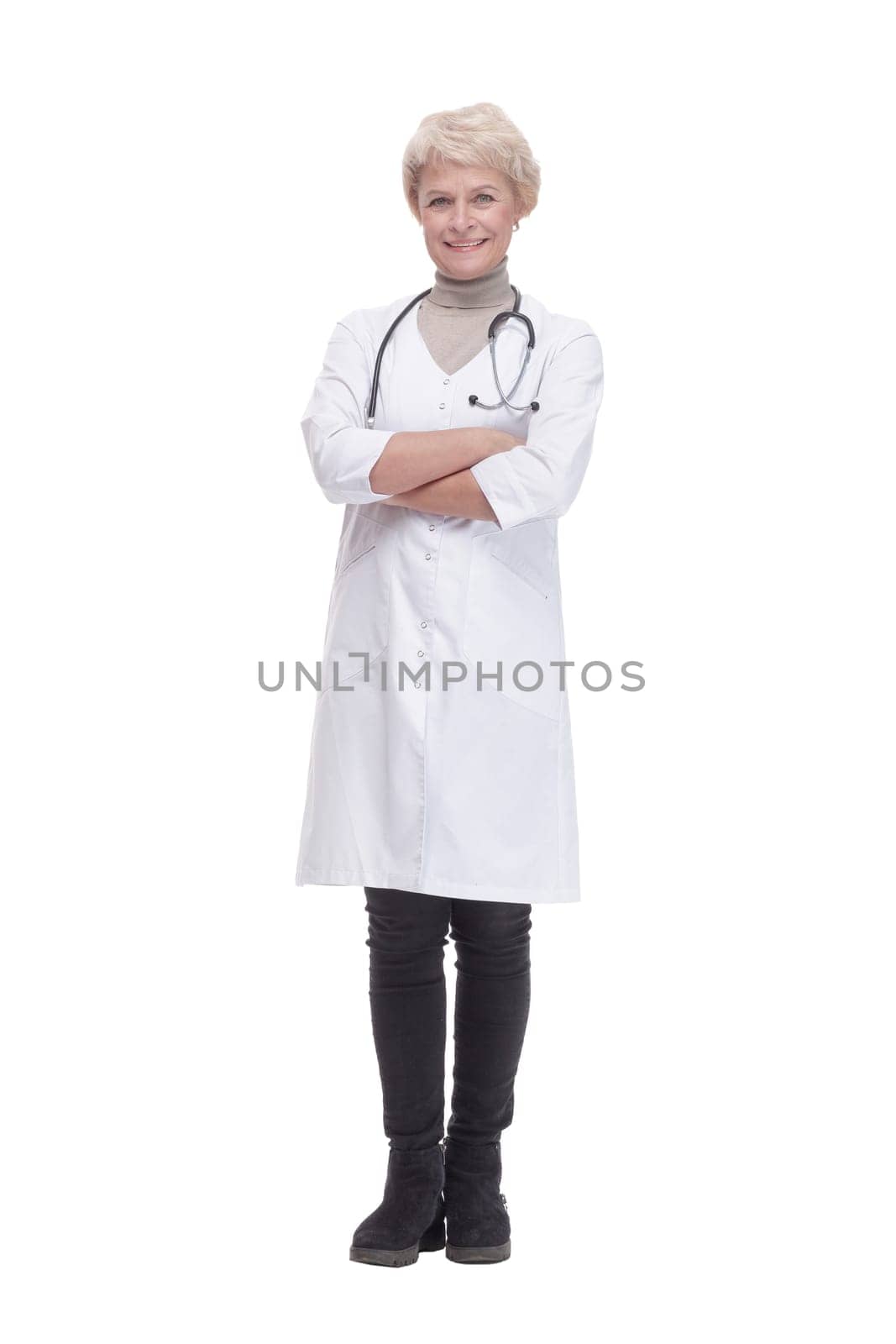 in full growth. responsible female doctor with a stethoscope. isolated on a white background.
