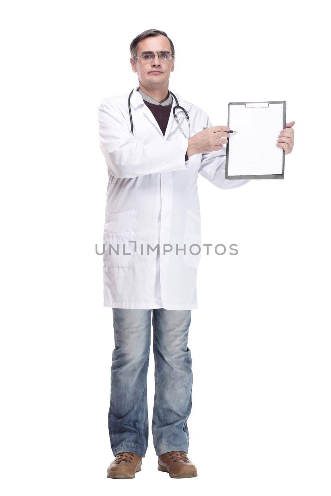 full-length. qualified doctor with clipboard. isolated on a white background.