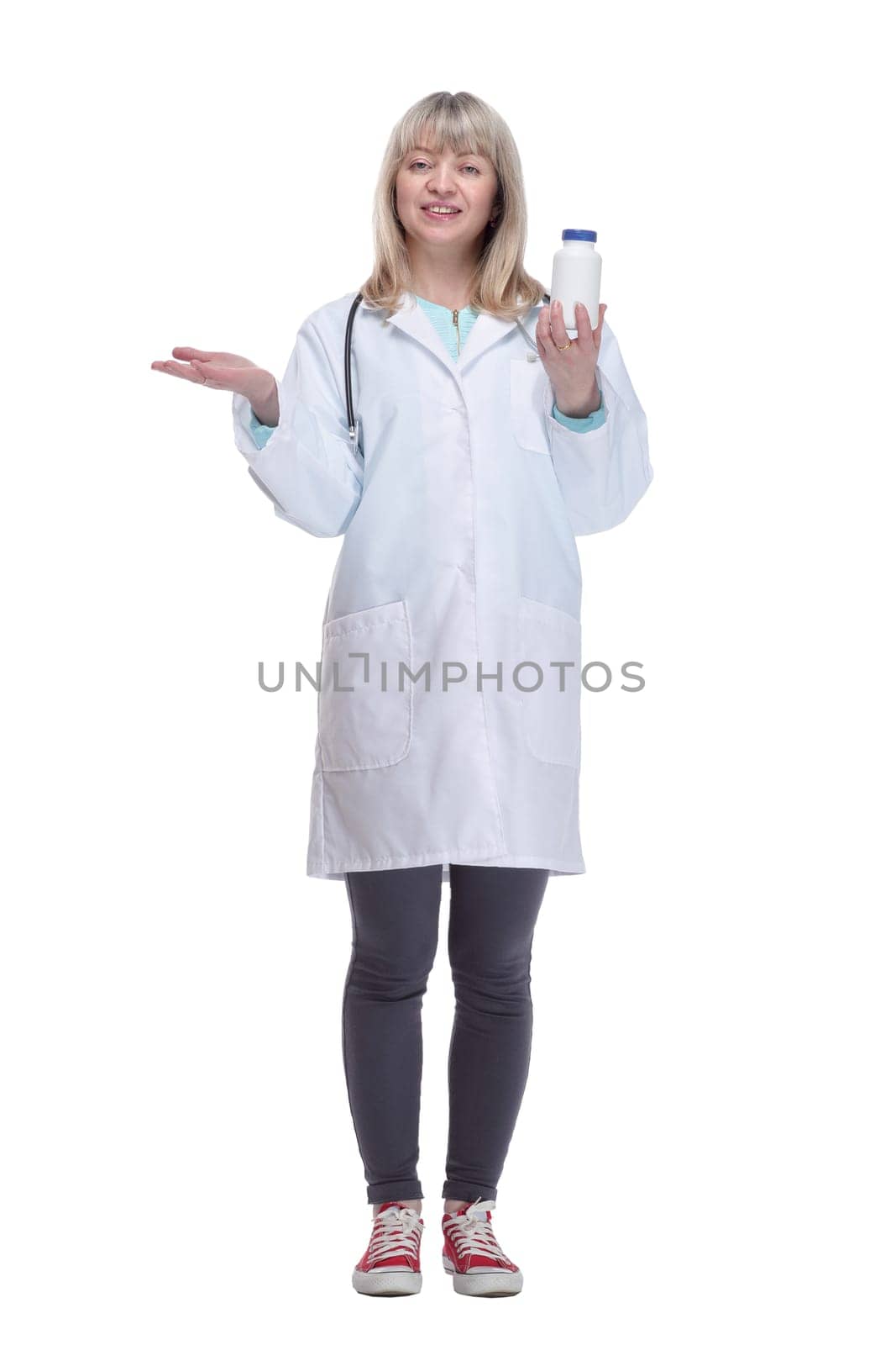 in full growth. smiling expert doctor with hand antiseptic. isolated on a white background.