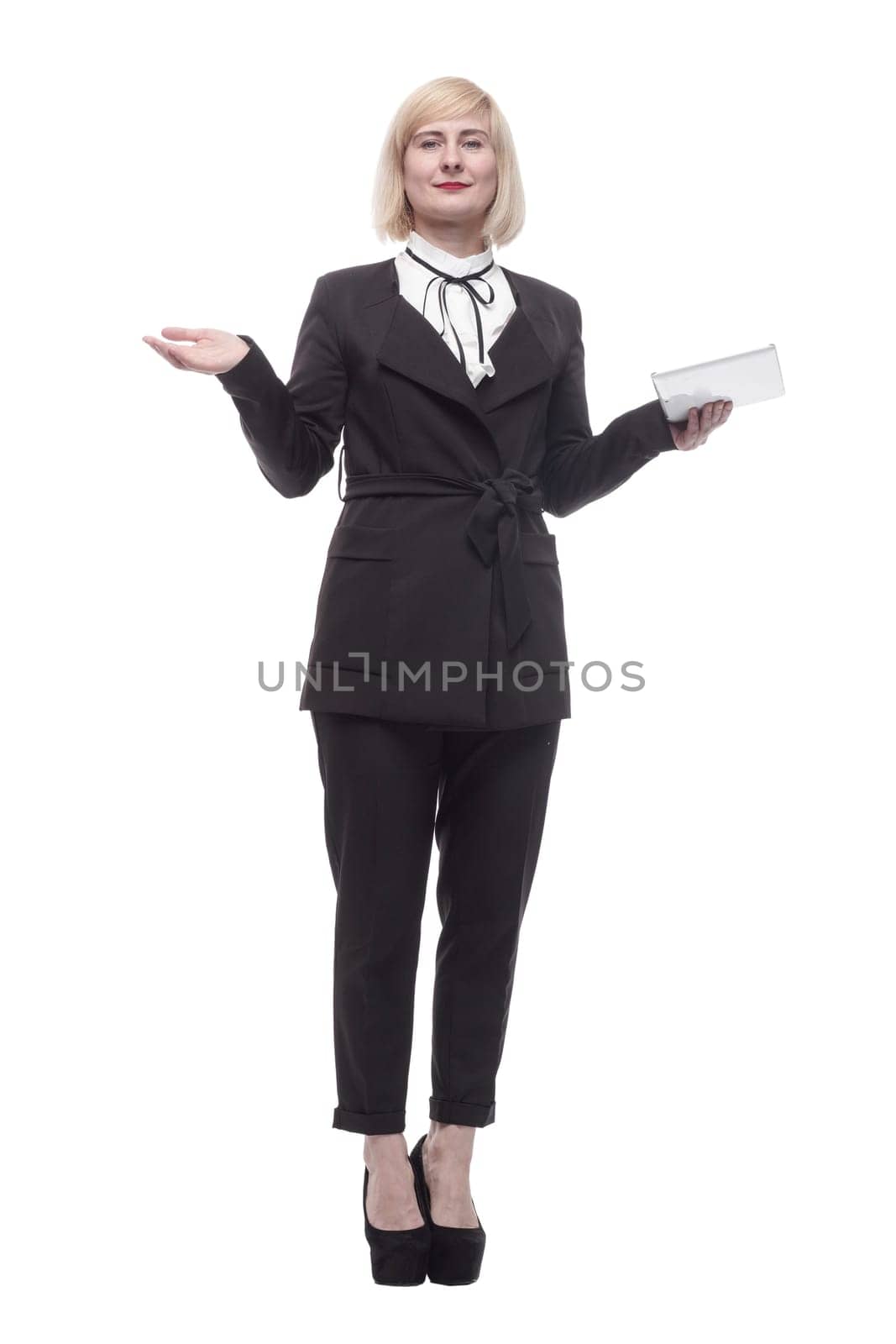 in full growth. attractive business woman with a digital tablet. isolated on a white background.