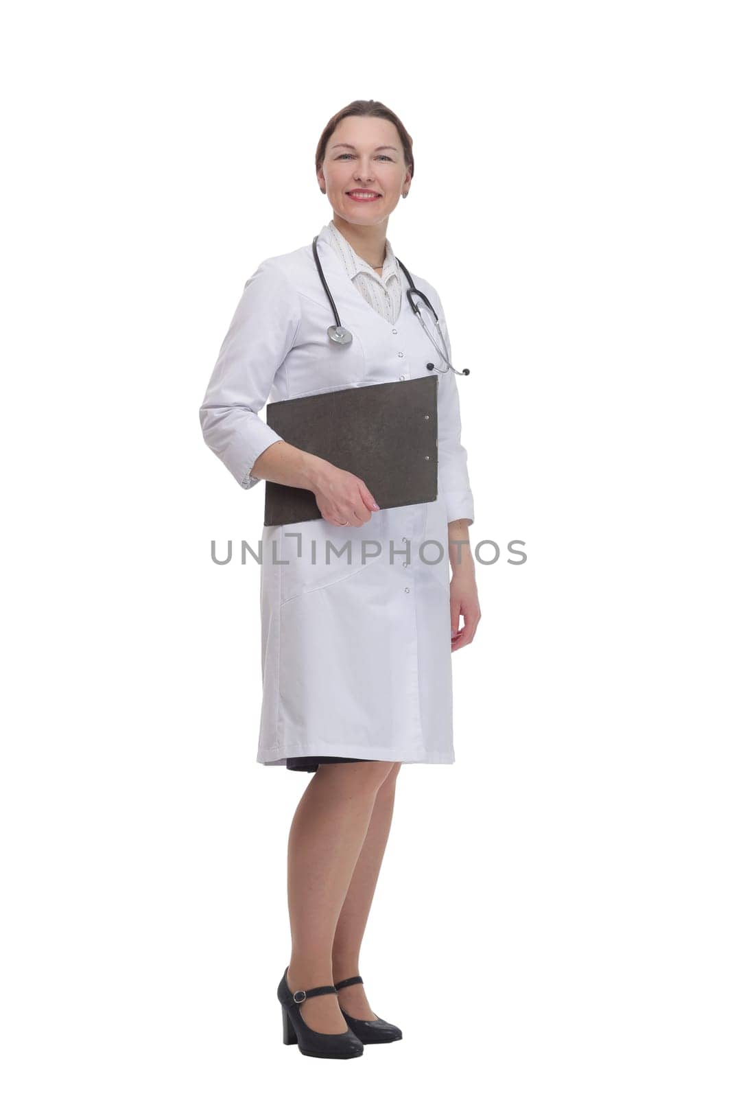 in full growth.female doctor with clipboard. isolated on a white background.
