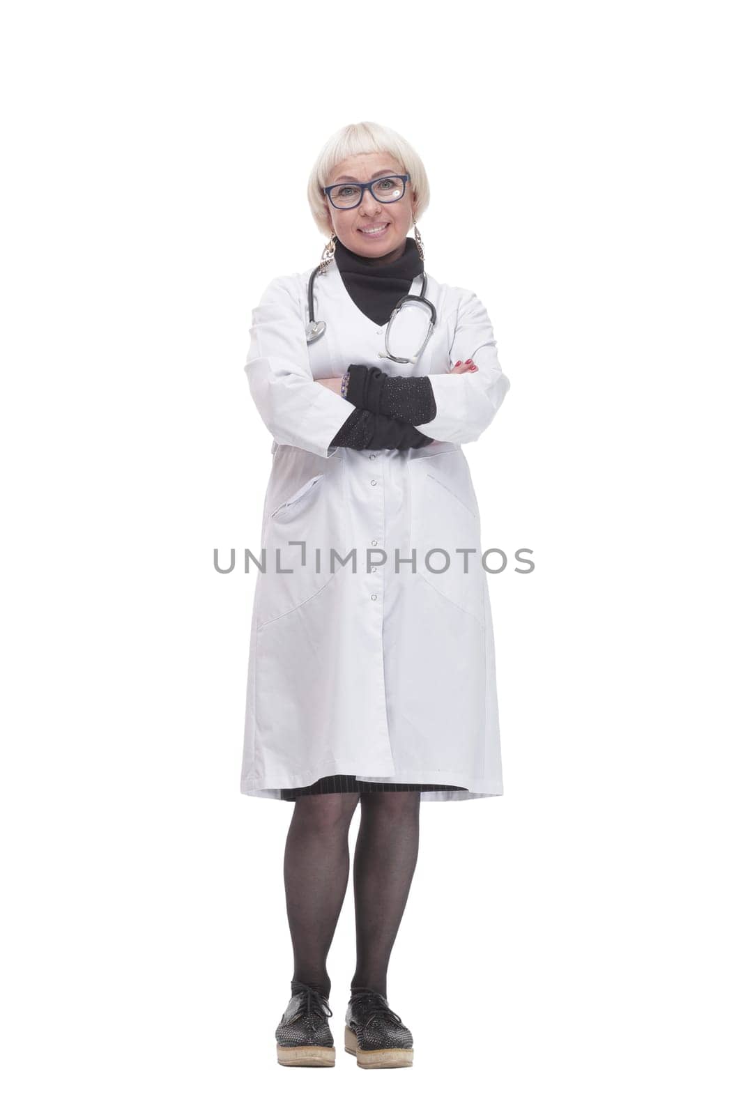in full growth. friendly woman doctor. isolated on a white background.