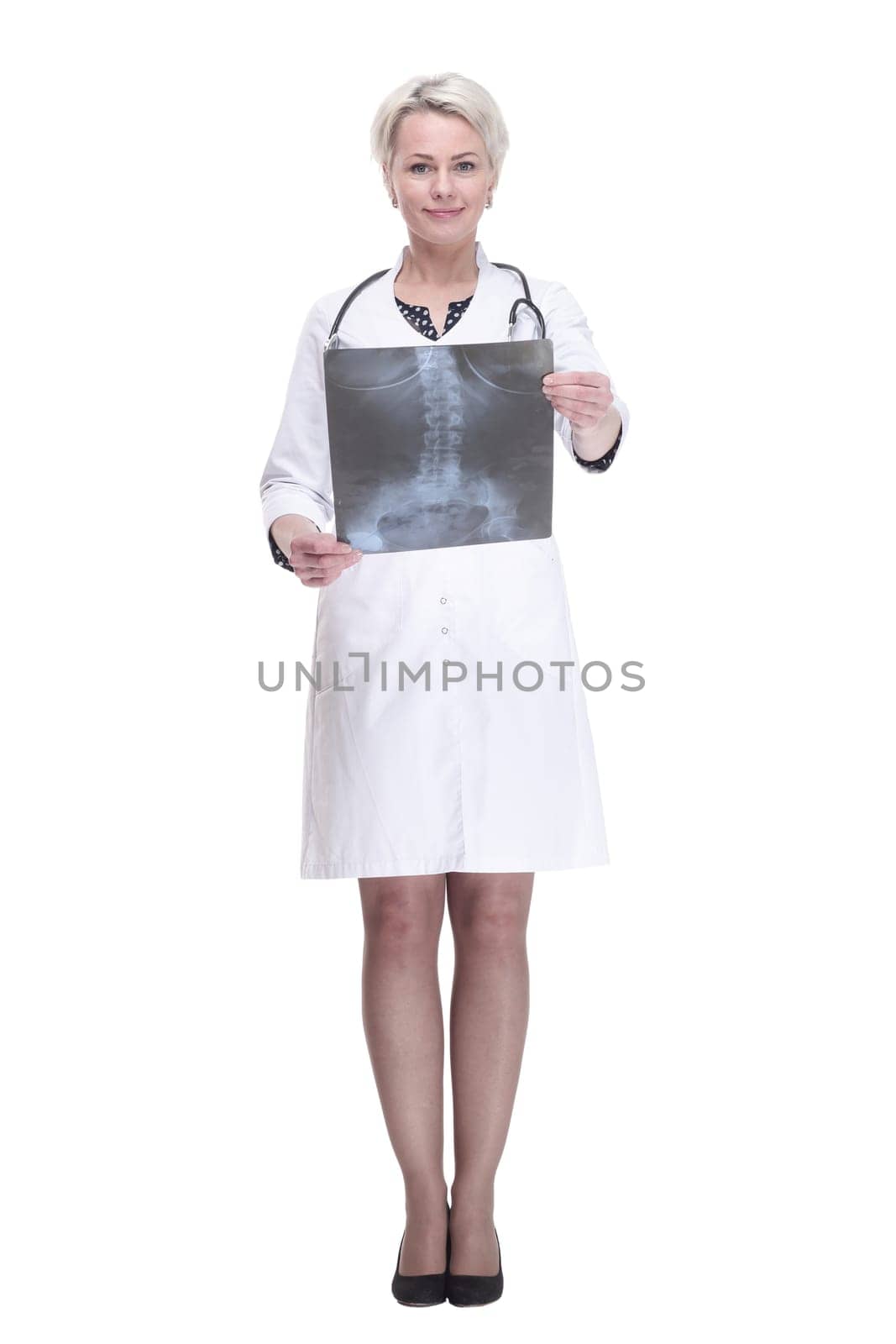 in full growth. female physician with x-ray of the lungs . isolated on a white background.