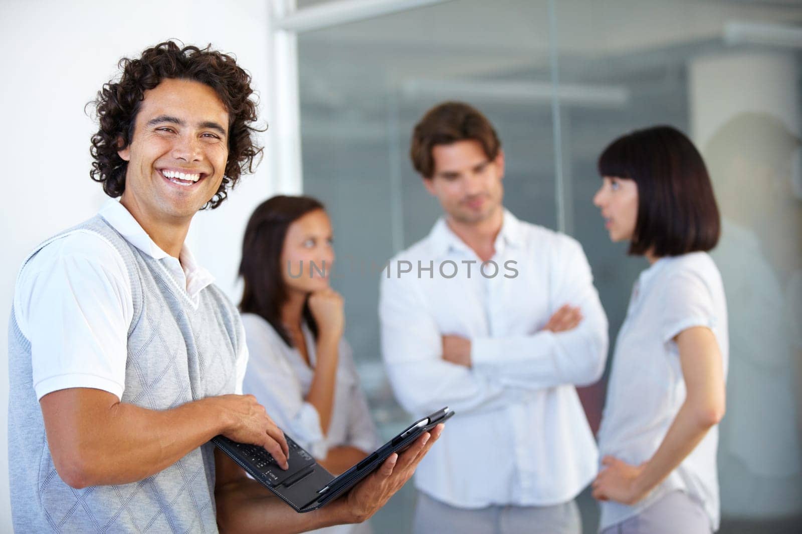 Businessman, laptop and portrait laughing for funny team building, meeting or collaboration at the office. Happy man employee manager smiling with laugh on computer in teamwork strategy at workplace.