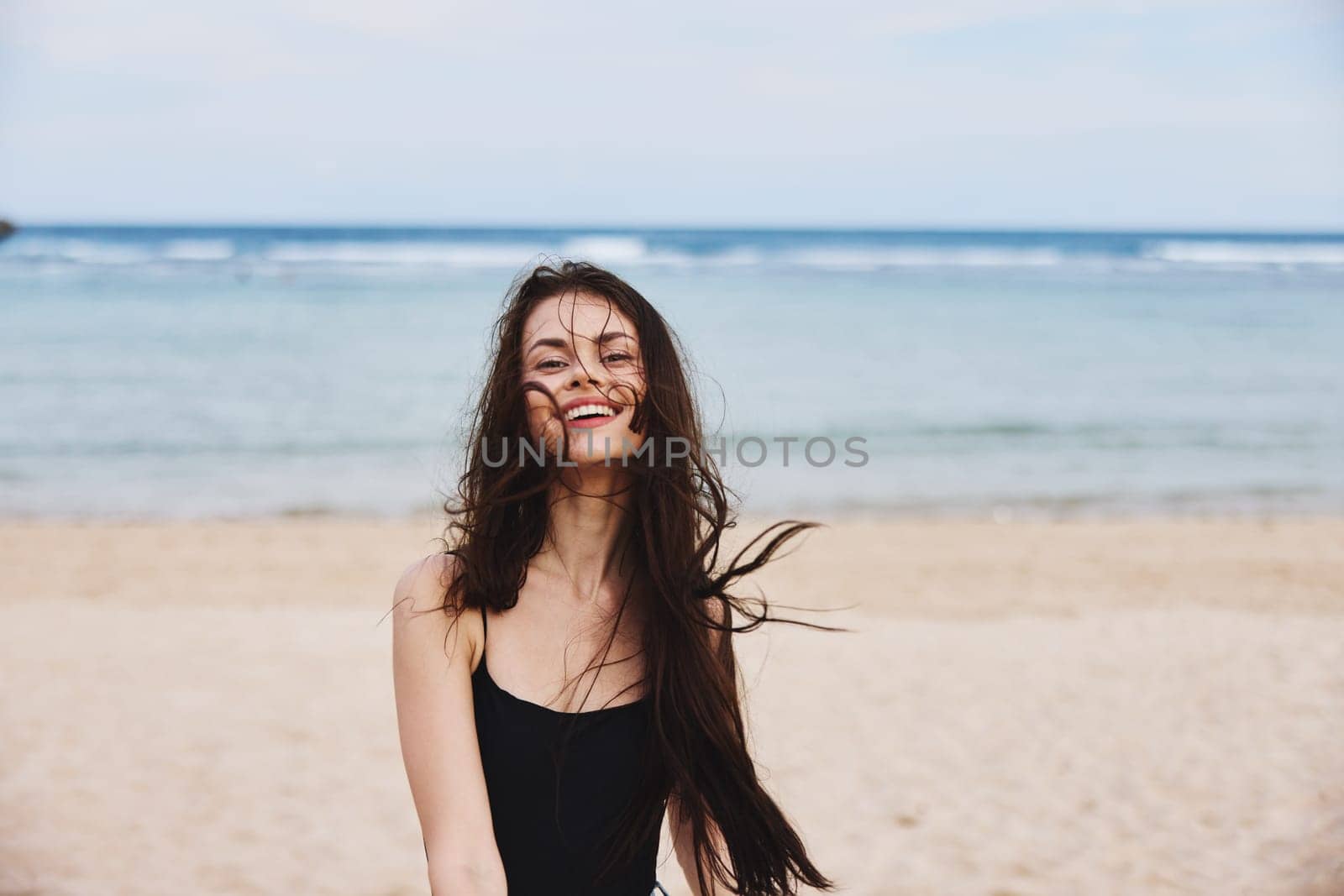 sunset woman flight sea girl beautiful long smile copy smiling hair walking summer beach freedom nature lifestyle activity leisure running travel space young