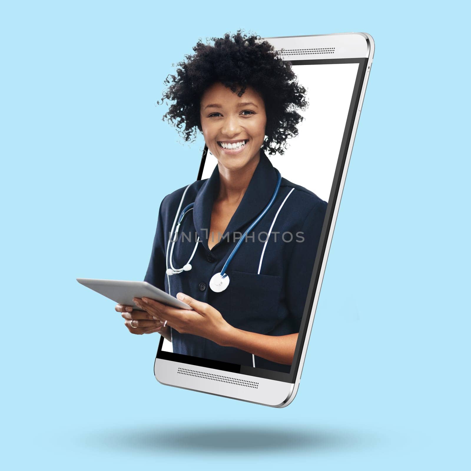 3d telehealth doctor, phone and online with screen, tablet and portrait for app by blue background. Medic woman, face or smile for healthcare, advice or communication on internet for virtual service.