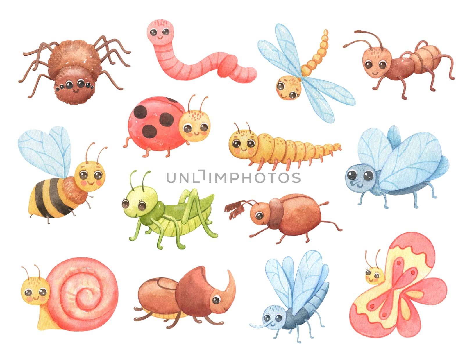 Cartoon insects set. Cute ant, grasshopper and snail. Childish watercolor illustration isolated on white background