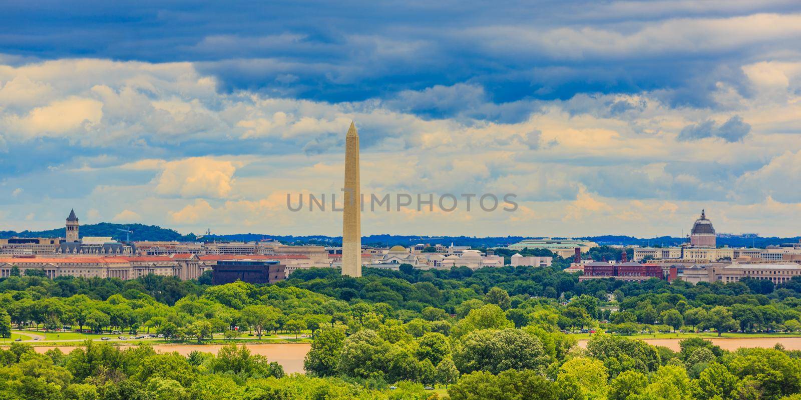 Washington DC cityscape with Washington Monument and Capitol Hill, viewed from Arlington National Cemetery.
