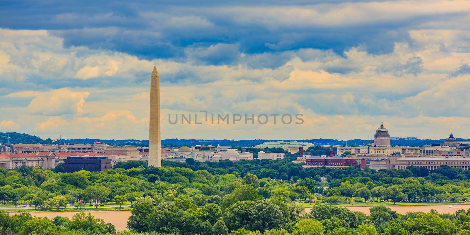 Washington DC cityscape with Washington Monument and Capitol Hill, viewed from Arlington National Cemetery.