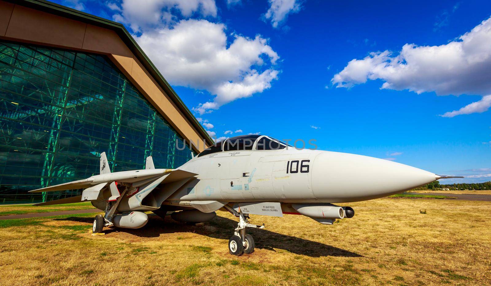 McMinnville, Oregon - August 31, 2014: Military fighter aircraft Grumman F-14 Tomcat on exhibition at Evergreen Aviation & Space Museum.
