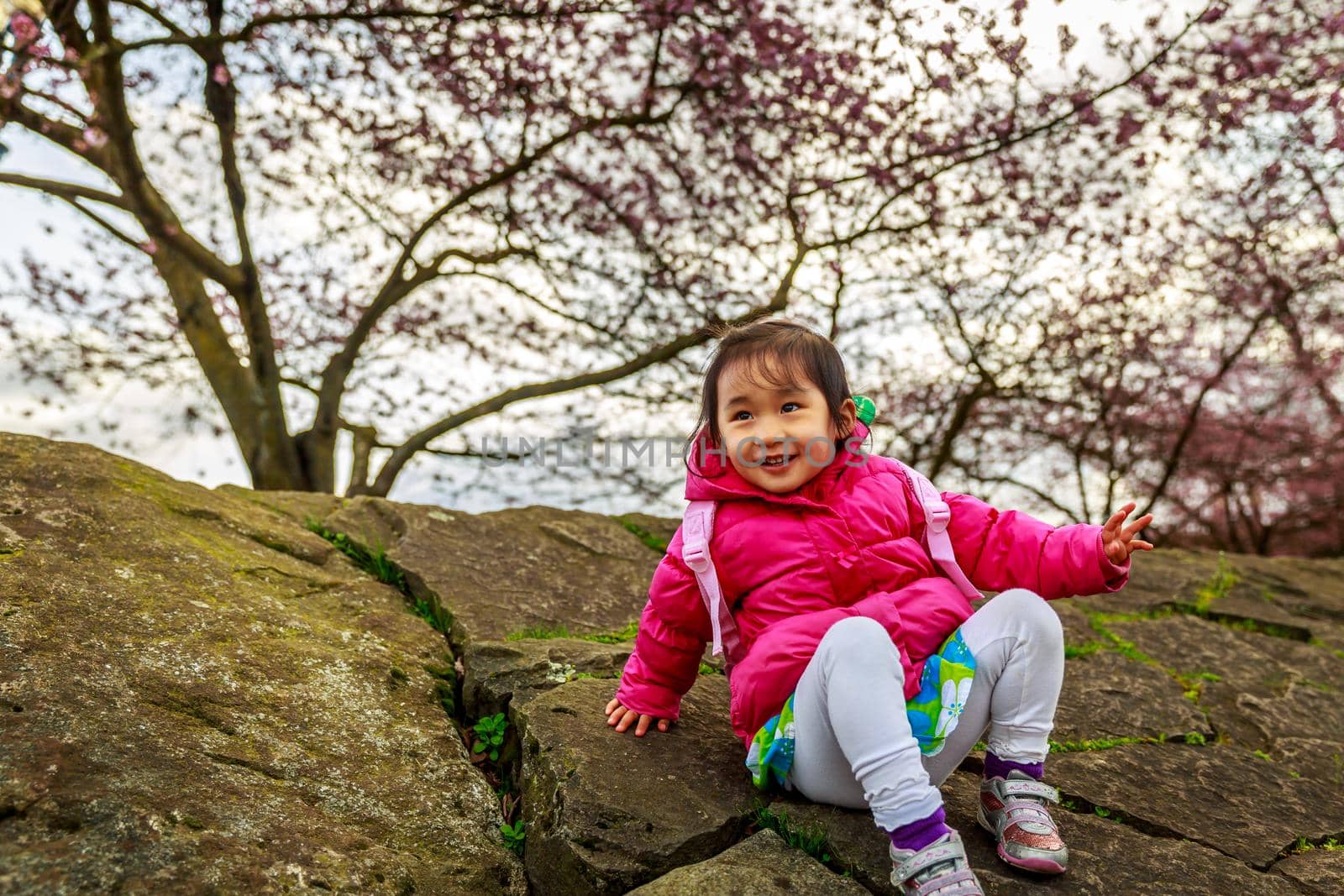 Adorable girl smiles in the woods, play in front of cherry trees