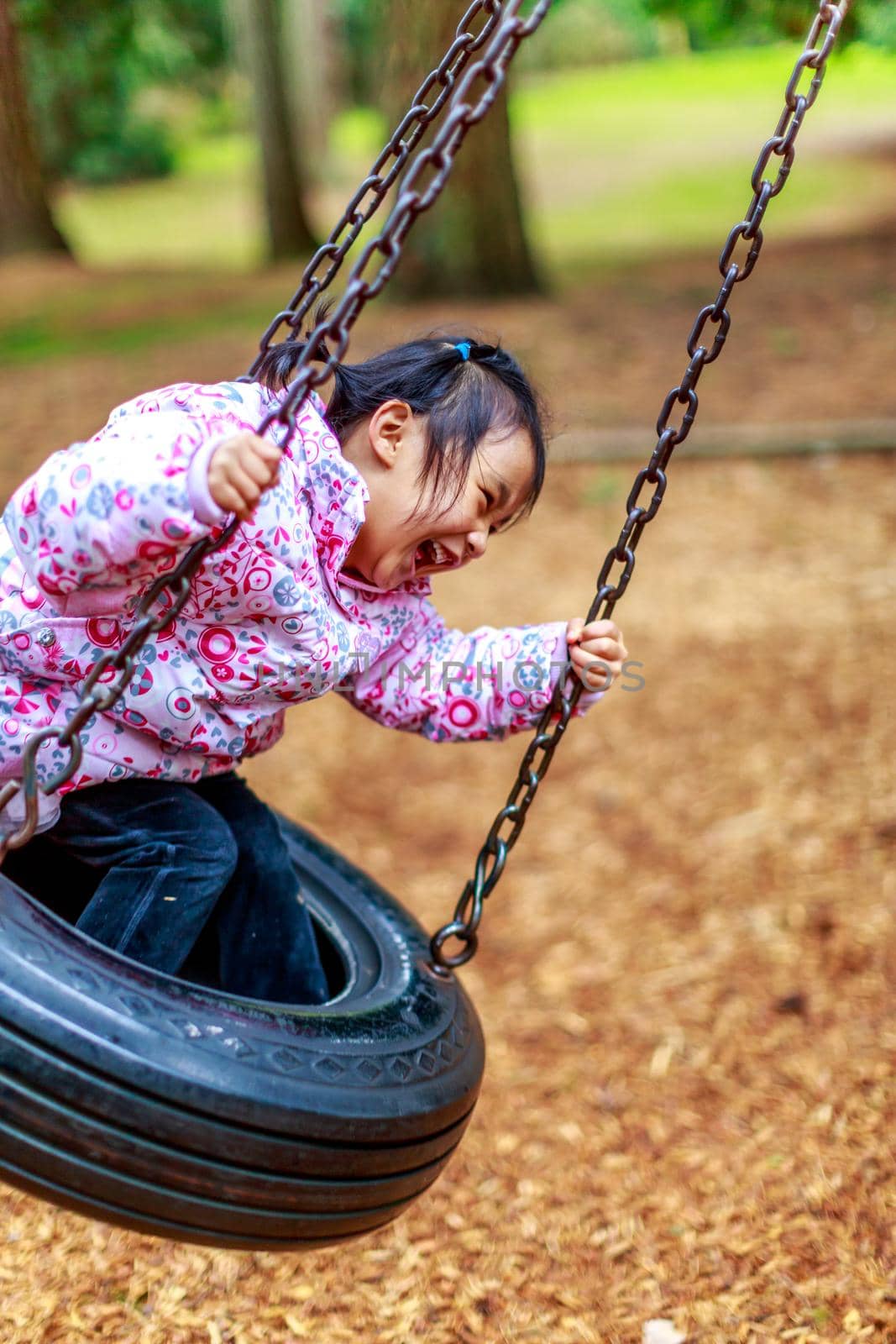 Adorable little girl having a great time on a swing in the playground.